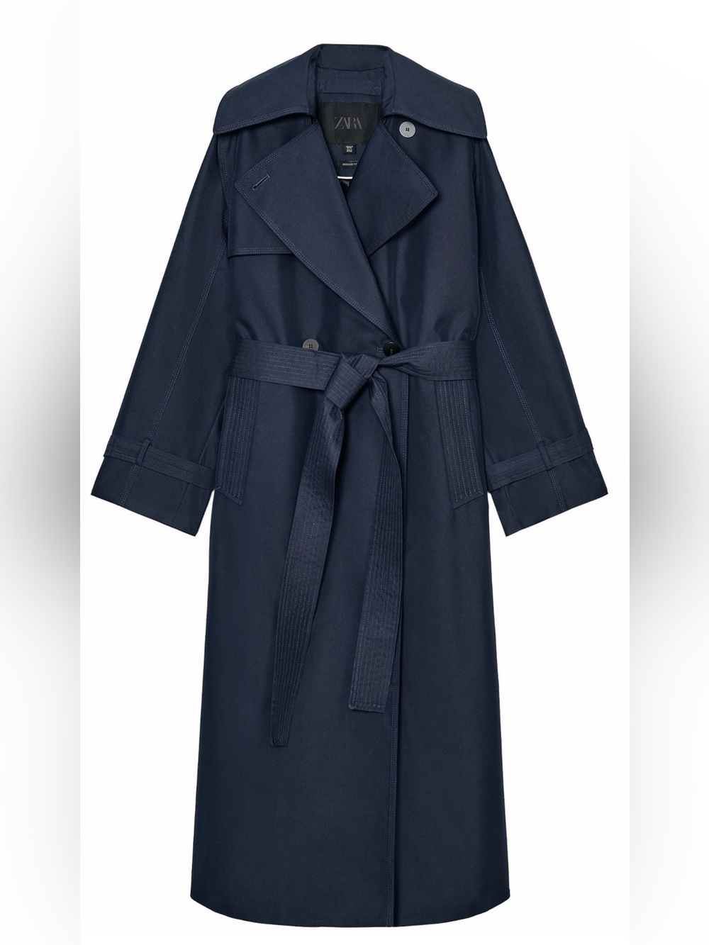 Zara Collection Oversized Dark Navy Long Belted Trench Coat Size Small